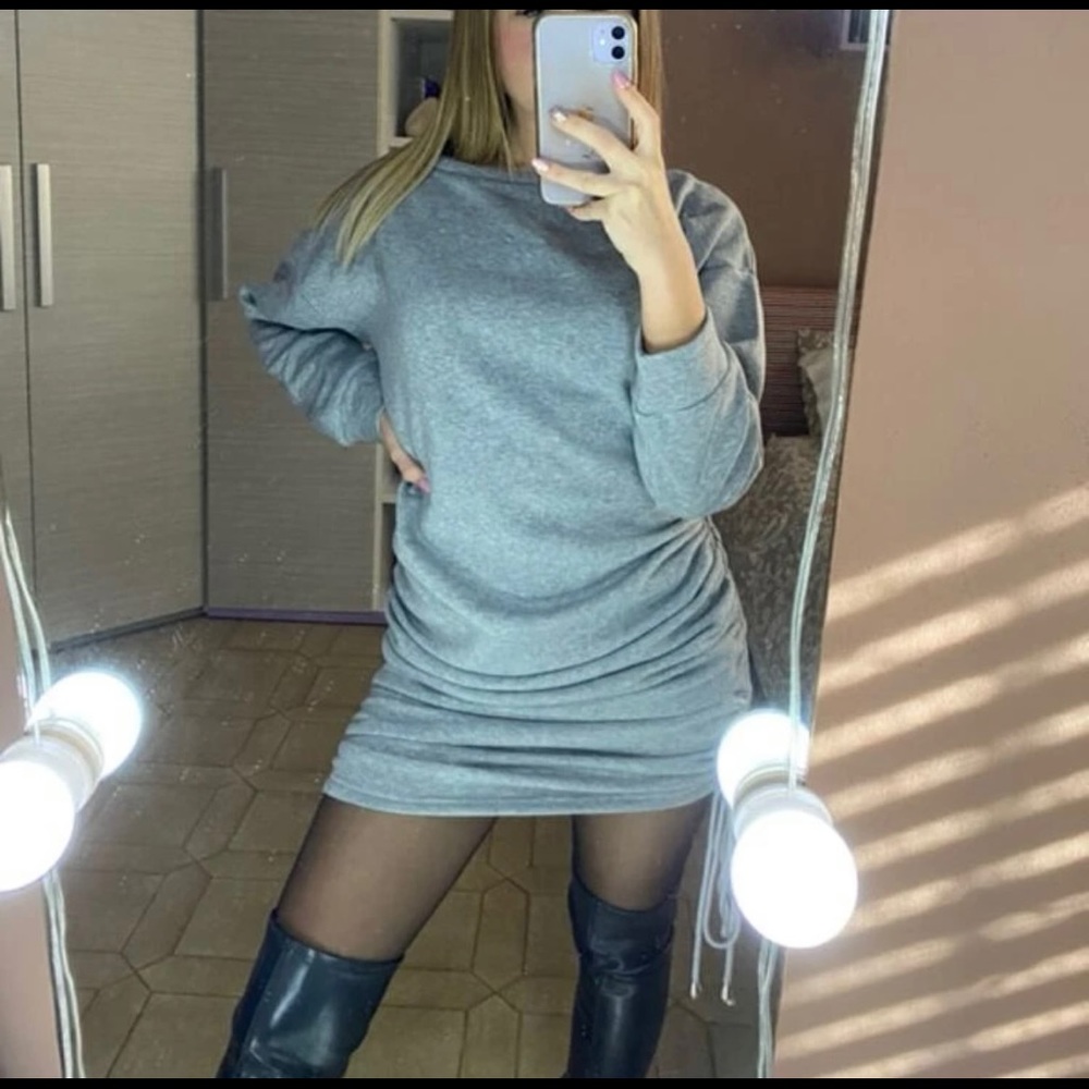 Drop Shoulder Ruched Drawstring Knot Sweatshirt Dress